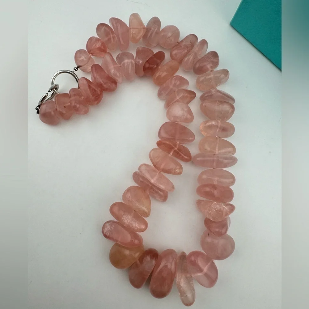 RARE Vtg. Tiffany & Co. Graduated Freeform Rondelle Rose Quartz Bead Necklace